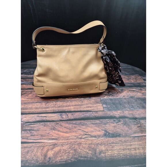 Max Studio Tan Hobo Bag Black Floral Scarf Accent Gold Hardware Single Strap Y2K - Picture 3 of 12